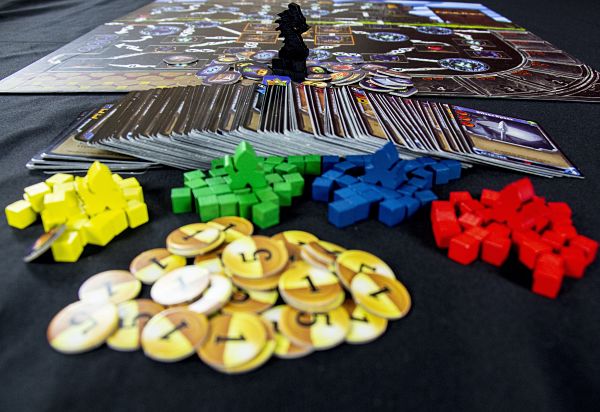 Clank! Components: Dragon, cards, cubes, meeples, tokens, gold